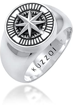 Kuzzoi Siegelring Herrenring rund massiv 15 mm 925 Silber schwarz | oxidiert mit Kompass Symbol Ring für Männer in der Ringgröße 60 - 66
