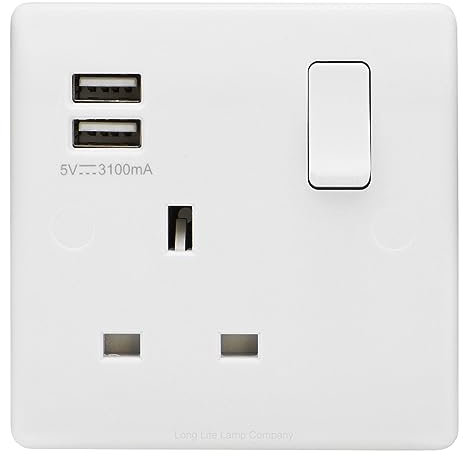 1 Gang USB Switch Socket 13A Twin Port White Single Plug Wall Outlet USBW1S