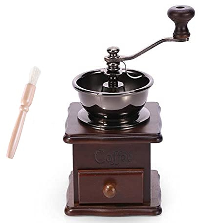 Molinillo de café manual de madera, estilo vintage, molino de café de mano con manivela de cerámica + cepillo de limpieza manual de madera
