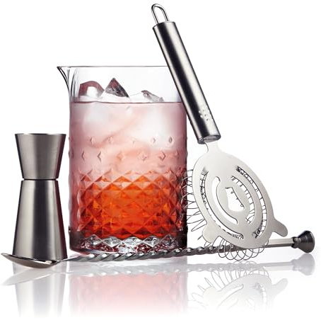 Libbey Carats Cocktail Barware Mixing Set, Large 25.5 oz Professional Mixing Glass with Home Bartender Accessories Kit, Satin Finish Measuring Jigger, Stainless Steel Strainer, and Mirror Finish Spoon