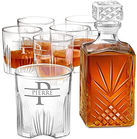 Maverton Carafe whisky et 6 verres - Ensemble en cristal - Cadeau d’anniversaire pour femme - 6 verres gravés - Ensemble avec verres personnalisés - Monogramme