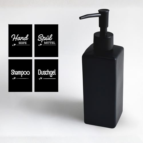 BoBoU Seifenspender Glas 350 ml Schwarz Matt Retro Design, Mattschwarzer Pumpkopf, inkl. Aufkleber (Handseife, Spülmittel, Shampoo, Duschgel) Für Küche & Bad