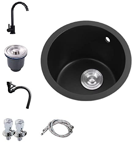 HGTRH Fregadero Cocina Un Seno con Escurridor Redondo, Fregadero sobre Encimera 1 Seno Fregaderos PequeñOs Camper Granito Fregadero Bajo Encimera para Cocina, Bar, Casas De Alquiler