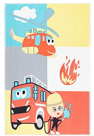Qiyano Kinderteppich mit Feuerwehr Hubschrauber und Feuerwehrmann Teppich für Jungen Spielunterlage Blau-Gelb-Grau-Rot, Farbe: Multi, Größe: 120 x 180 cm