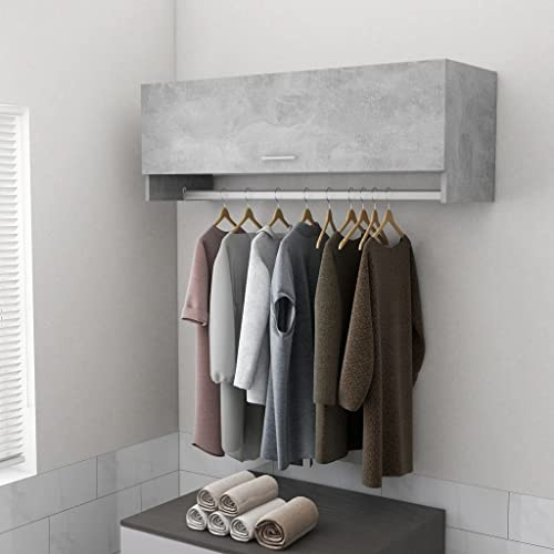 Wakects Armadietto Pensile a Muro con Asta Appendiabiti, 2 Scomparti e Ante, 100 x 32,5 x 35 cm, Grigio Cemento