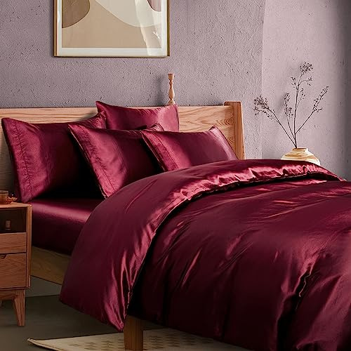 Manyshofu 6-teiliges kastanienbraunes Satin-Bettbezug-Set, seidiges Queen-Size-Bettbezug, keine Bettdecke, 1 Satin-Spannbetttuch, 4 Kissenbezüge