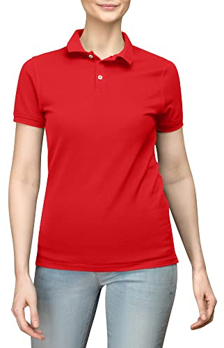 Love My Fashions Women’s Polo Shirt – Knitted Collar and Cuffed Short Sleeves, Casual & Plain T-Shirt for Ladies Red