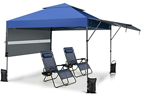GYMAX Gazebo Pieghevole da Giardino, 3x3 M, 3 Altezze Regolabili, Doppio Tetto e Parasole Esteso, Tendolone in Ferro con 2 Ruote, in Oxford Impermeabile, Ideale per Eventi all'Aperto per 6-8 Persone