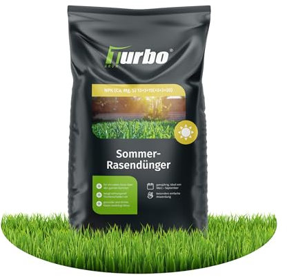 Turbogrün Rasendünger Sommer 10kg, gesunder Rasen verdrängt Moos, Ideal im Sommer, geeignet für Streuwagen, staubarmes Granulat, Rasen dünger, Rasenpflege