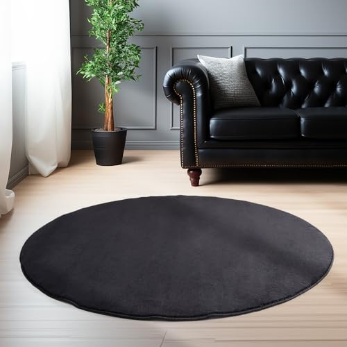 Einfarbiger Teppich Rund Wohnizmmer, Esszimmer, Schlafzimmer, Küchenteppich Waschbar Runder Teppich Schwarz Flauschig Kurzflor Carpet, Größe: 120 cm Rund