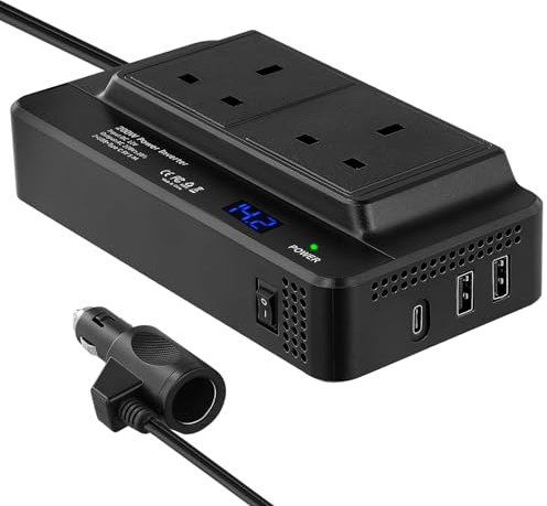 200W Inverter 12V to 240V,Car Power Inverter with LED Voltage Display,Car Inverter DC 12v to AC 240v UK with 3 Pin Plug Dual USB Type C Invert to Charge Laptop, iPad, iPhone, Tablet, Consoles & More