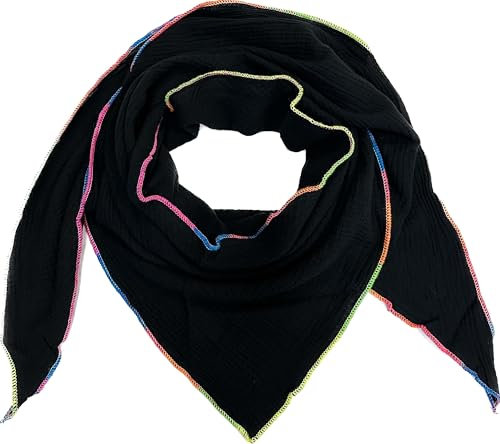 Dreieck Schal aus 100% Baumwolle mit Neon Ränder Frühling Unisex Uni Fashion Stola Tuch Übergangszeit Italy Sommer Lana Wolle Strickschal Strick Tuch (Schwarz)