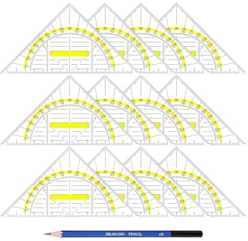 Mellbree Geodreieck, 12 Geodreieck mit Griff Gelb, kostenloser 2B Bleistift, Geodreieck Klein Groß 14cm transparent, Geeignet für Studenten Büro Designer Malerei Schule