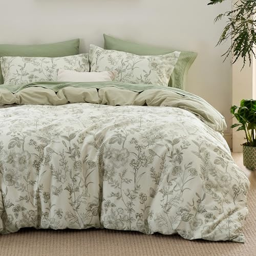 Bedsure Duvet Cover Queen Size - 100% Cotton Reversible Floral Queen Duvet Cover Set with Zipper Closure, 3 Pieces Soft & Breathable Botanical Green Bedding Set with 2 Pillow Shams 20x26