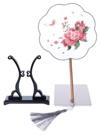 Kawaii-Story F-013 Traditional Runder bestickter chinesischer Stoff Handfächer Holzgriff Quaste, Dekoration Fächer Ständer, Hanfu-Accessoire Schmetterling Blumen rosa
