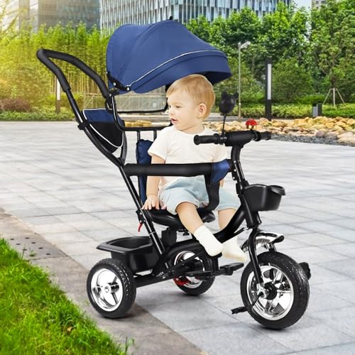 OHMG Dreirad mit Schubstange, 4 in 1 Laufrad ab 1 Jahre, Kinderdreirad Kombiniert Trolley und Ride Funktionen, mit Faltbar, Abnehmbar Sonnendach und Pedal für Kinder (Blau)