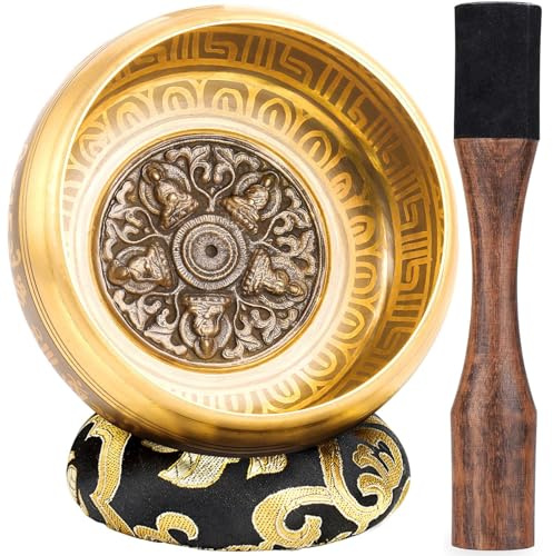 Hihealer Large Tibetan Singing Bowls, Singing Sound Bowl, 14cm, Five Buddhas-Sunflower, Copper, Set of 5, For Yoga, Chakra Healing, Stress Relief, Meditation, Sound Baths, Handcrafted in Nepal