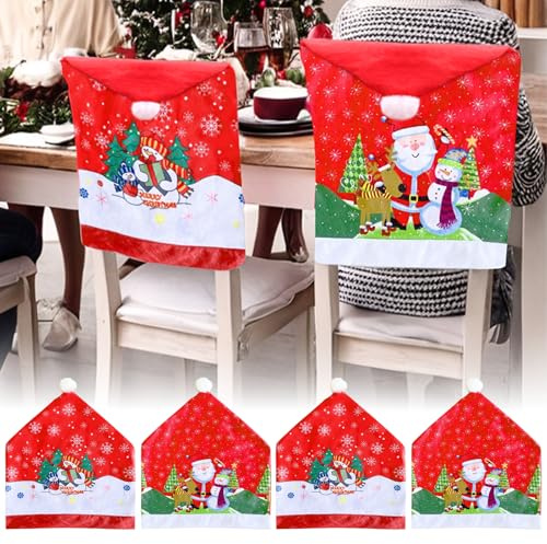 Snarflun Stuhlhussen Weihnachten 4er Set Weihnachts Stuhlhussen, Stuhlhusse Weihnachten Nikolausmütze Stuhlabdeckung, Weihnachtsstuhlhussen für Esszimmer, Abendessen, Dekoration 60×50cm