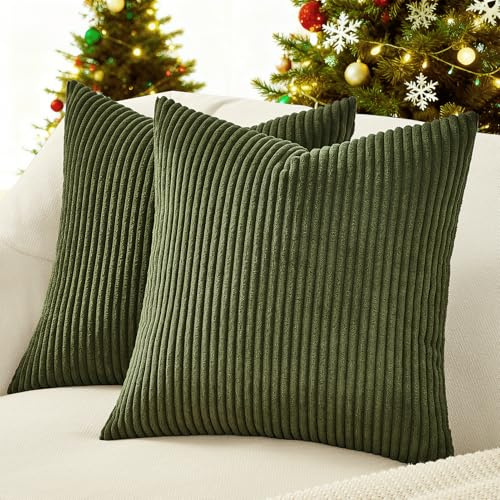 Topfinel Kissenbezug 60x60 Olivengrün Kordsamt 2er Set gestreiftes Muster Kissenbezüge Kissenhülle Dekokissen Sofakissen Couchkissen Dekokissen Zierkissenbezug Deko Kissenhüllen Wohnzimmer