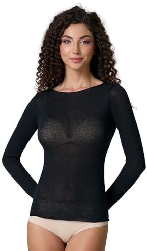 Maillot Femme Manches Longues en Modal et Cachemire Col Bateau Doux Chaud Sous-Vêtements Externables Effet Seconde Peau Légère Ultra Léger Enveloppant Nouvelles Couleurs Disponibles, Noir , Large