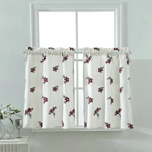 Daesar Küchengardine Stangendurchzug 2er Set, Blickdichte Vorhänge Kurz Fenster 137x45cm Stickerei mit Rot Blumen Motiv Scheibengardine Bistrogardine Küche Landhausstil Weiß