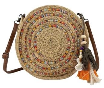 MODELISA - Bolso De Hombro Redondo De Paja Rafia Con Detalles Multicolores Mujer (Naranja)