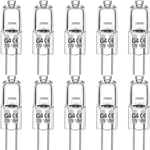 Haraqi 10 Pack G4 Halogen Bulbs，12 Volt 10 Watt Bi-Pin Halogen Bulbs | Dimmable for Ceiling Lights,Table Light,Cabinet Lights,Warm White Brightness