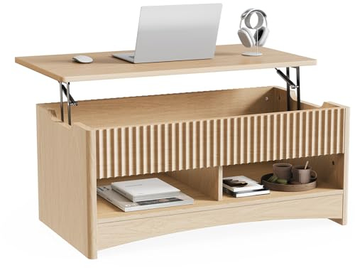 Marsail Lift Top Coffee Table with Open & Hidden Storage, Modern Fluted Coffee Table with Smooth Lift Mechanism, Sturdy Space-Saving Center Table for Home Living Room, Office, Natural Oak
