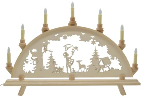 Erzwelt - Lichterbogen DBR55 – Motiv Sterntaler | 55 x 37 x 5 cm – Schwibbogen aus Holz – Leuchtbogen mit 7 Kerzen – Original Erzgebirge Fensterbogen – Weihnachtsdeko
