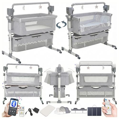 Magic ZC Elektrische Bluetooth Intelligent Beistellbett Baby mit Rollen, Convertible Faltbar Co-Sleeping Babybett, Fernbedienung, 5-schwankende Zahnräder, Stubenwagen Wiege mit Musik (601 Mid Grey)