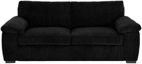 Bliss Furniture Amalfi Jumbo Cord 3 Seater Sofa for Family Living Rooms – Soft Corduroy, Birch Frame, Removable Washable Covers – High Back Three Seater Couch (Black, 3 Seater)