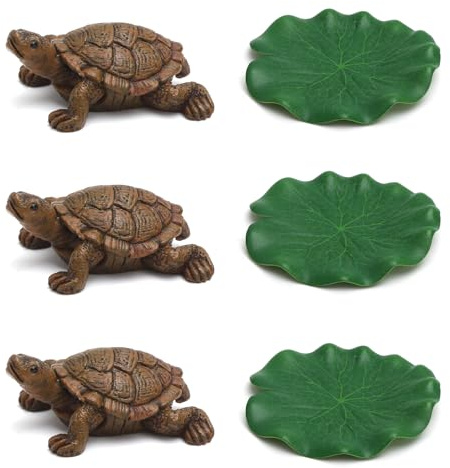 HENGBIRD 3 Pièces Figurine Tortue de 6,5 cm de Long Petite Figurine Animale en résine Figurines décorative pour Jardin/intérieur Mini étang avec 3 Nénuphars Flottants EVA