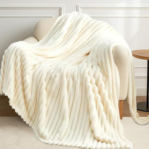 Quorlis Coperta Flanell Ultra Morbida 100x150 cm - Leggera e Accogliente per Divano e Camera, Design a Strisce, Bianco Avorio
