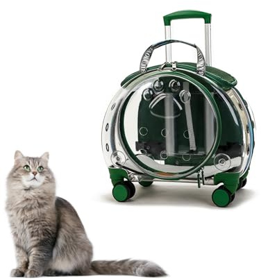 Sac de Transport pour Chat à roulettes – Chariot Transparent Rigide et Respirant pour Chat ou Petit Chien, avec Roues silencieuses 360°, Bretelles Amovibles et Dos ventilé – Jusqu’à 10 kg(Green)
