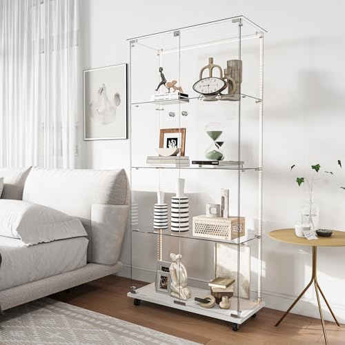 FCSQIU Glasvitrine Standvitrine mit Rollen, 2 Türen,Abnehmbar Glasvitrine und Glastüren,4 Ablagen, Glas Vitrine Sammlervitrine Vitrinenschrank,Display Cabinet