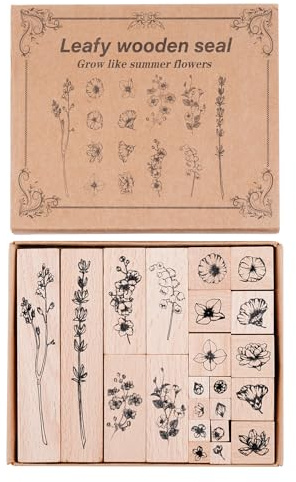 22 Stück Blumen Stempel Set, Holz Stempelset aus Holz und Gummi zum Basteln, Blumen und Pflanzen Stempelset für Geschenkanhänger Basteln DIY