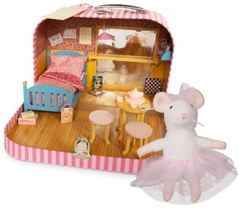 Mouse Mansion To Go – Mini Ballet Room DIY Dollhouse in a Suitcase & Ella Ballerina 12 CM Plush Mouse | Wooden Furniture, Handmade Bedding & Mini Tea Set | Craft Kit & Play for Kids | Travel Friendly