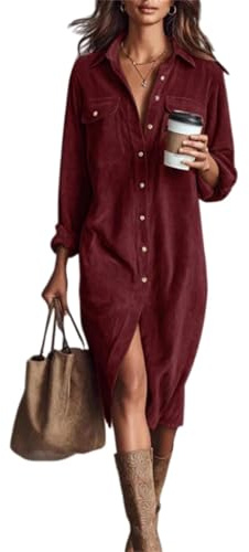 Robe chemise midi boutonnée en velours côtelé pour femme, robe midi décontractée à revers en forme de trapèze avec poches, rouge foncé, XXL