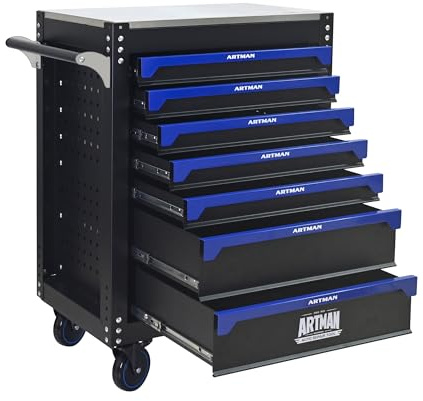 RYH 26.65 W Rolling Tool Cart with Wheels & Wood Top | Mobile Tool Chest Organizer for Garage Storage Cabinet & Toolbox | Heavy-Duty Steel Tool Box (Black-Blue, 7-Drawers 39.17 H×26.65 W-1)