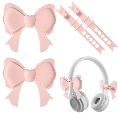 2pcs Pink Bow Headphone Accessories, Silicone 3D Earphone Decorations with Adjustment Buckles Coquettish Headset Bows Attachment Gaming Accessories for Women Girls