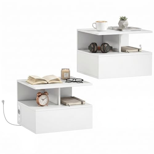 HOMCOM Set di 2 Comodini Camera da Letto Sospesi con Stazione di Ricarica, Coppia di Comodino Salvaspazio Moderno con Cassetto e Scomparto Aperto, Tavolini per Camera da Letto, 40x35x30 cm, Bianco