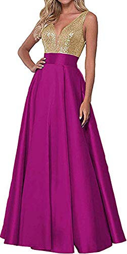 Leader of the Beauty - Vestido Largo de Dama de Honor con Cuello en V y Espalda Descubierta, con Lentejuelas, para Baile de graduación Rosa Fucsia 48
