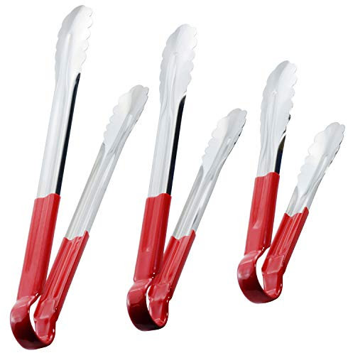 HINMAY Stainless Steel Cooking Tongs Heavy Duty Kitchen Food Tongs, Set of 3 (9 12 14 Inch, Red)
