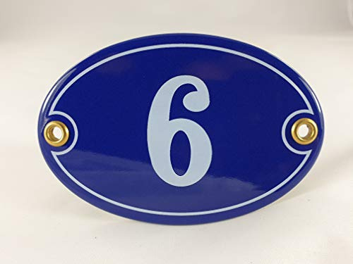 Emaille Hausnummer Schild Nr. 6, oval, Blau-Weiß Handarbeit