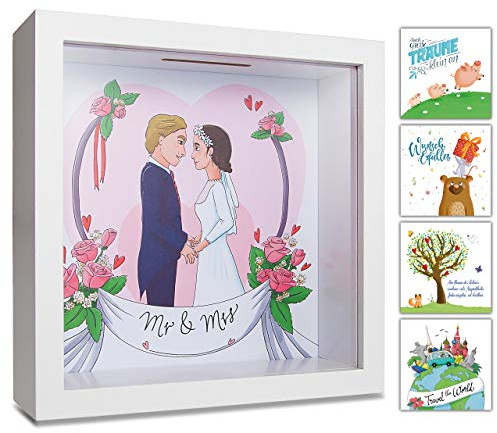GLÜCKSWOLKE - Spardose Mr & Mrs I Hochzeit Motiv I 3D Bilderrahmen Befüllen | Hochzeitsgeschenk I Geldgeschenke Verpackung für JGA, Brautpaar & Hochzeit I Sparschwein Sparbüchse Hochzeitskasse Geschenk