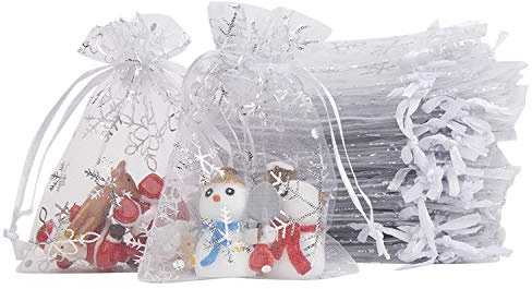 LOKIPA 50pcs Christmas Organza Gift Bags, 9 cm * 12 cm Small Christmas Organza Drawstring Pouches Wedding Jewelry Bags