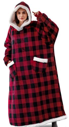 IvyH Manta con Capucha, Manta Larga para Usar con Bolsillos Franela Mullida Sherpa Manta de TV Sudadera Bata de Invierno Talla única para Hombres Mujeres y Adultos