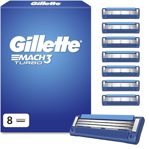 Gillette Mach3 Turbo Cuchillas de Afeitar Hombre, Pack de 8 | Recambios para Maquinillas de Afeitar, con 3 Hojas Y Barra de Gel Lubricante, Compatible con Todos Los Mangos Mach 3