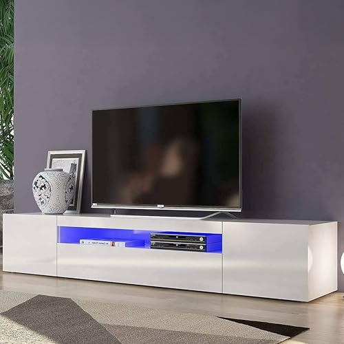 Dmora - Meuble TV Jesse, Buffet bas de salon avec 3 portes, Base pour meuble TV, 100% Made in Italy, 200x40h37 cm, Blanc brillant, avec lumière LED