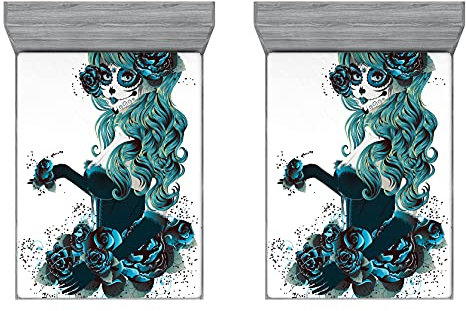 ABAKUHAUS Schädel 2er-Satz Spannbetttuch, Grunge Skull Girl Roses, Soft Dekorativer Stoff Bettwäsche Rund-um Elastischer Gummizug, 135 cm x 190 cm, Petrol Blau Weiß